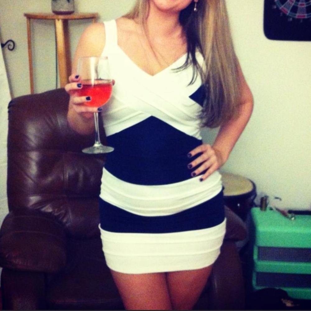 Navy Blue & White Body Con Stripe Dress
